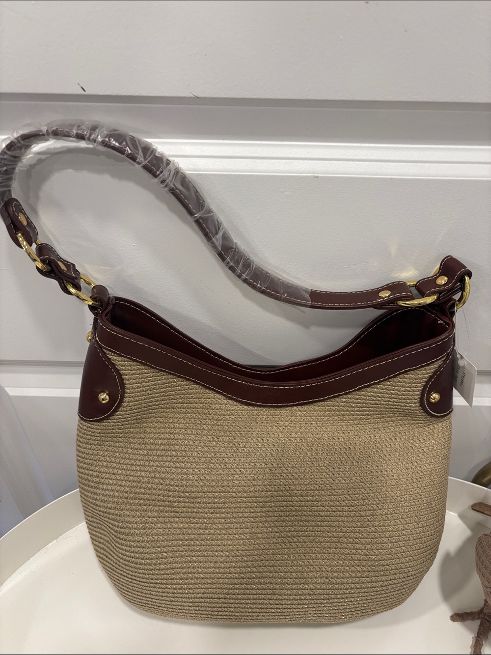 NWT Women's Beige Straw Hobo Bag with Brown Trim